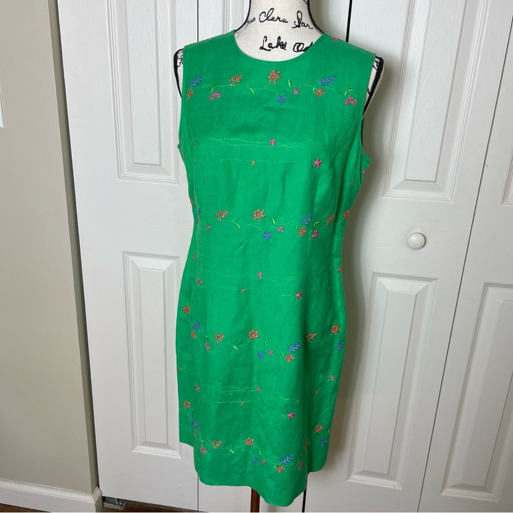 CYNTHIA HOWIE  Women’s Sz 10 Sleeveless Green Linen Blend Dress Floral Embroider
